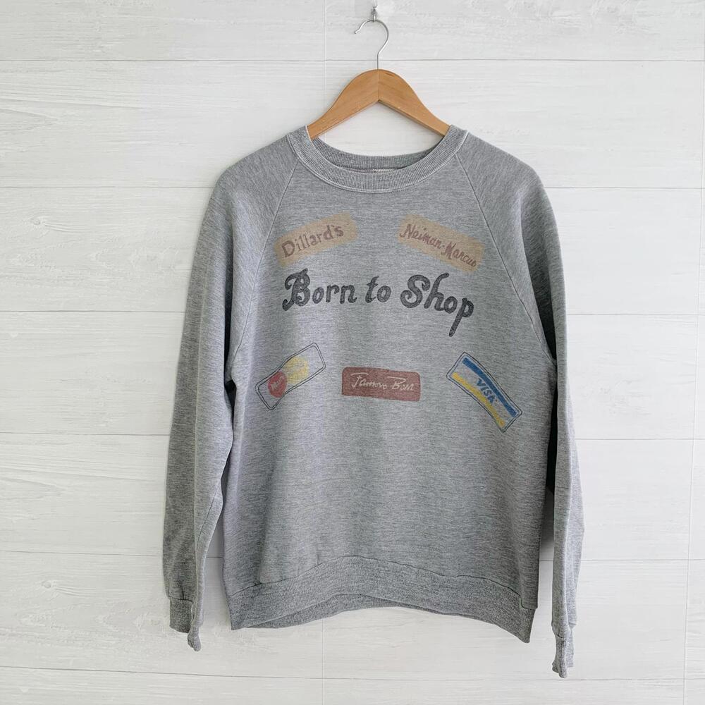 Vintage Gray heather crewneck Born to Shop hand colored design Ginny back, L-XL